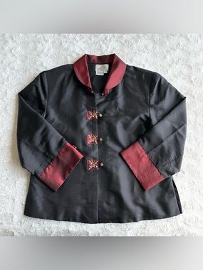 Vintage Lisa Jacket Womens Small Black Silk Blend Floral Oriental 3/4 Slv Formal